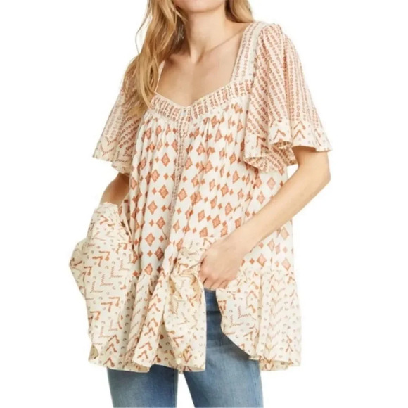 Free People Tops - Free People Women's M Ivory Boho Tunic Dress Short Sleeve Casual